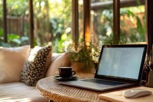 Laptop showing programming code, coffee and mouse on table in home office with garden view photo