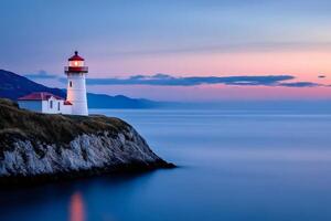 Lighthouse guiding ships at dusk on a tranquil coastline photo