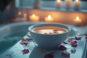 Rose petals floating in bowl by candlelit bathtub creating relaxing ambiance photo