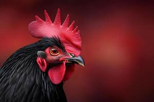 Black rooster showing its red comb and wattles on red background photo