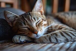 Tabby cat sleeping peacefully on sofa photo