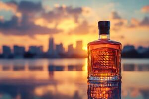 Whiskey bottle reflecting on glass table at sunset with city skyline photo