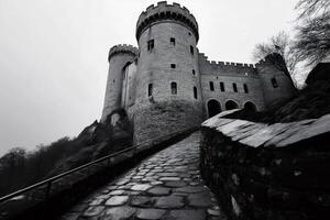 Cobblestone path leading to majestic castle in black and white photo