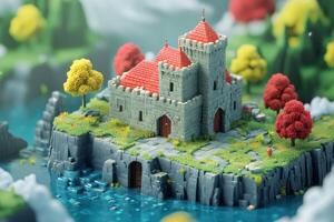 Medieval castle standing on island surrounded by water in a pixel art fantasy world photo