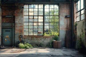 Sunlight entering through large windows of abandoned industrial building photo