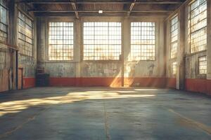 Sunlight illuminating empty industrial warehouse through large windows. photo