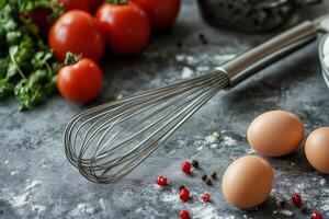 Whisk lying on floured surface with eggs, tomatoes, and peppercorns photo