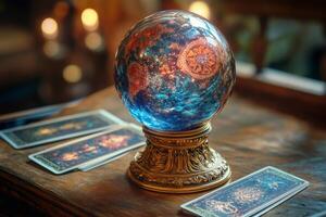 Crystal ball resting on golden pedestal with tarot cards on wooden table is showing future during esoteric session photo