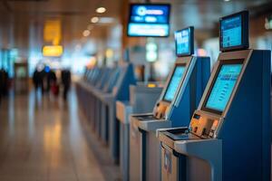 Row of self service check in kiosks is waiting for passengers in airport terminal photo