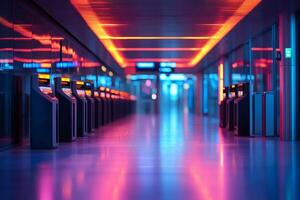 Empty airport self check in area illuminated with colorful led lights photo