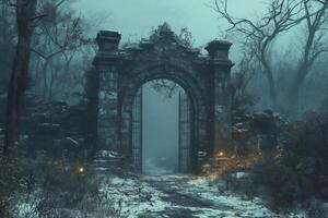 Old mysterious gate to the foggy forest during winter night is opening to the unknown photo