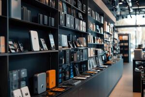 Modern electronics store displaying various devices and accessories on shelves photo
