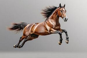 Horse running with flowing mane and tail on gray background photo