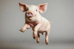 Cute piglet jumping and running in studio on gray background photo