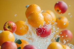 Fresh apples and oranges splashing in water against yellow background photo