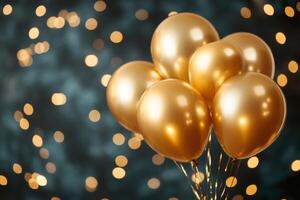 Golden Balloons Floating on a Sparkling Dark Green Background photo