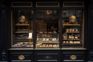 Elegant chocolate shop window displaying various sweets and pastries photo