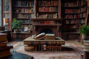 Open Book and Stacked Books Resting on Table in Classic Library Interior with Fireplace photo