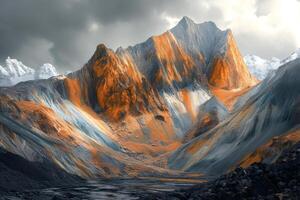 Imposing colorful mountain range rising under cloudy sky photo