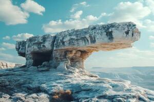 Large overhanging rock formation dominating the arid landscape under a cloudy sky photo