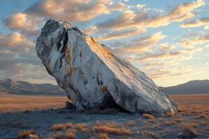 Striking view of a massive rock in the desert landscape under a vibrant sunset sky photo