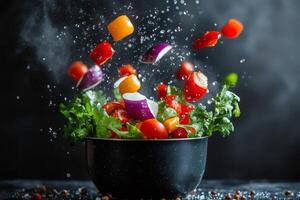 Fresh vegetables falling into a bowl, creating a colorful and healthy salad photo