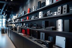 Modern electronic devices displayed on shelves in a retail store setting showcasing cutting edge technology photo