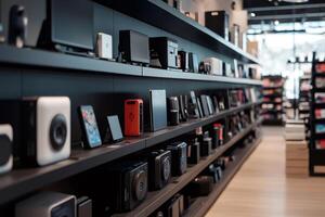 Electronic devices displayed on shelves in modern electronics store photo
