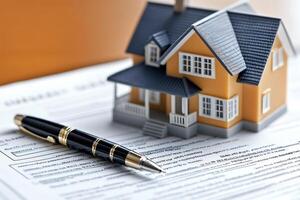House model placed on contract with pen suggesting purchase or mortgage agreement photo