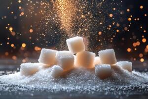 Sparkling sugar falling on sugar cubes creating a small mountain of granulated sugar photo