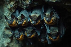 Colony of Bats Hanging Upside Down in Cave photo