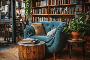 Cozy reading nook with comfortable armchair and books in library or bookstore photo