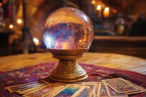 Crystal ball emitting light is standing on table with tarot cards and candles in background photo