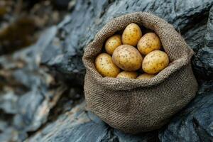 Sack of fresh potatoes resting on dark rocks photo