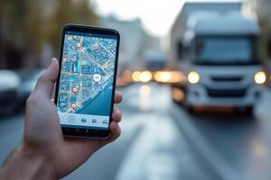 Truck driver using gps navigation app on smartphone for delivery tracking and route optimization photo