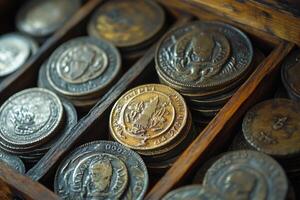 Old coin collection sorted in wooden box representing history and numismatics photo