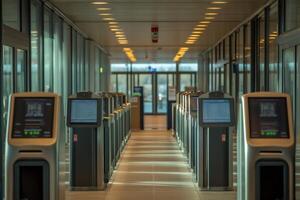 Empty modern railway station hall with self service ticket machines showing timetables photo