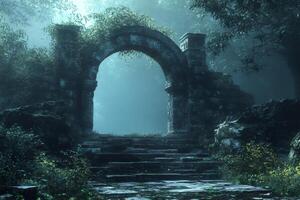 Ancient stone archway emerging from the mist in a mysterious forest photo