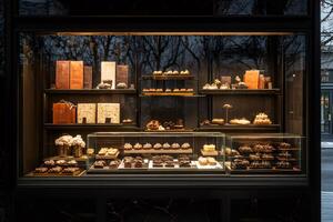 Chocolate shop window display showcasing various chocolate products and pastries photo