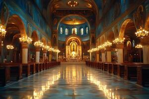 Impressive orthodox cathedral interior with golden chandeliers reflecting on marble floor photo