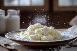 Sprinkling icing sugar on fresh homemade quark dumplings with milk in background photo