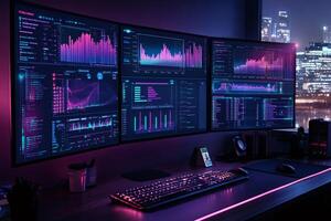 Modern workplace showing graphs and data on multiple computer screens at night photo