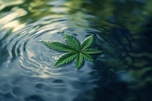 Cannabis leaf floating on water surface with ripples creating relaxing vibes photo