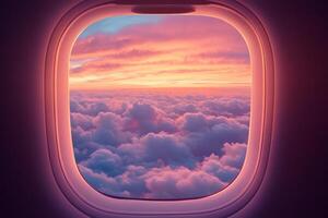 Dramatic sunset over clouds viewed from airplane window during flight photo