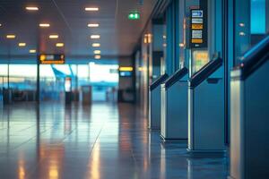 Empty automatic ticket gates reflecting on shiny airport floor photo
