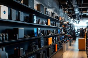 Modern electronics store displaying various devices on black shelves photo