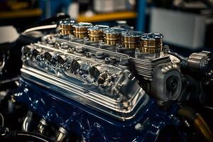 Powerful engine showing its intricate mechanical parts in a garage photo
