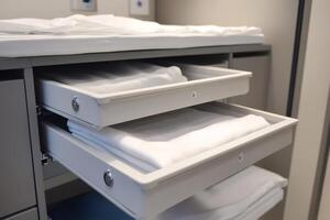 Neatly organized white linens in open drawers photo