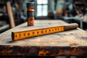 Carpenter's folding ruler lying on wooden table in workshop photo