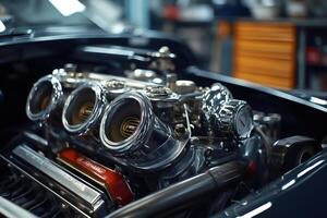Powerful custom car engine showing velocity stacks and supercharger in garage photo